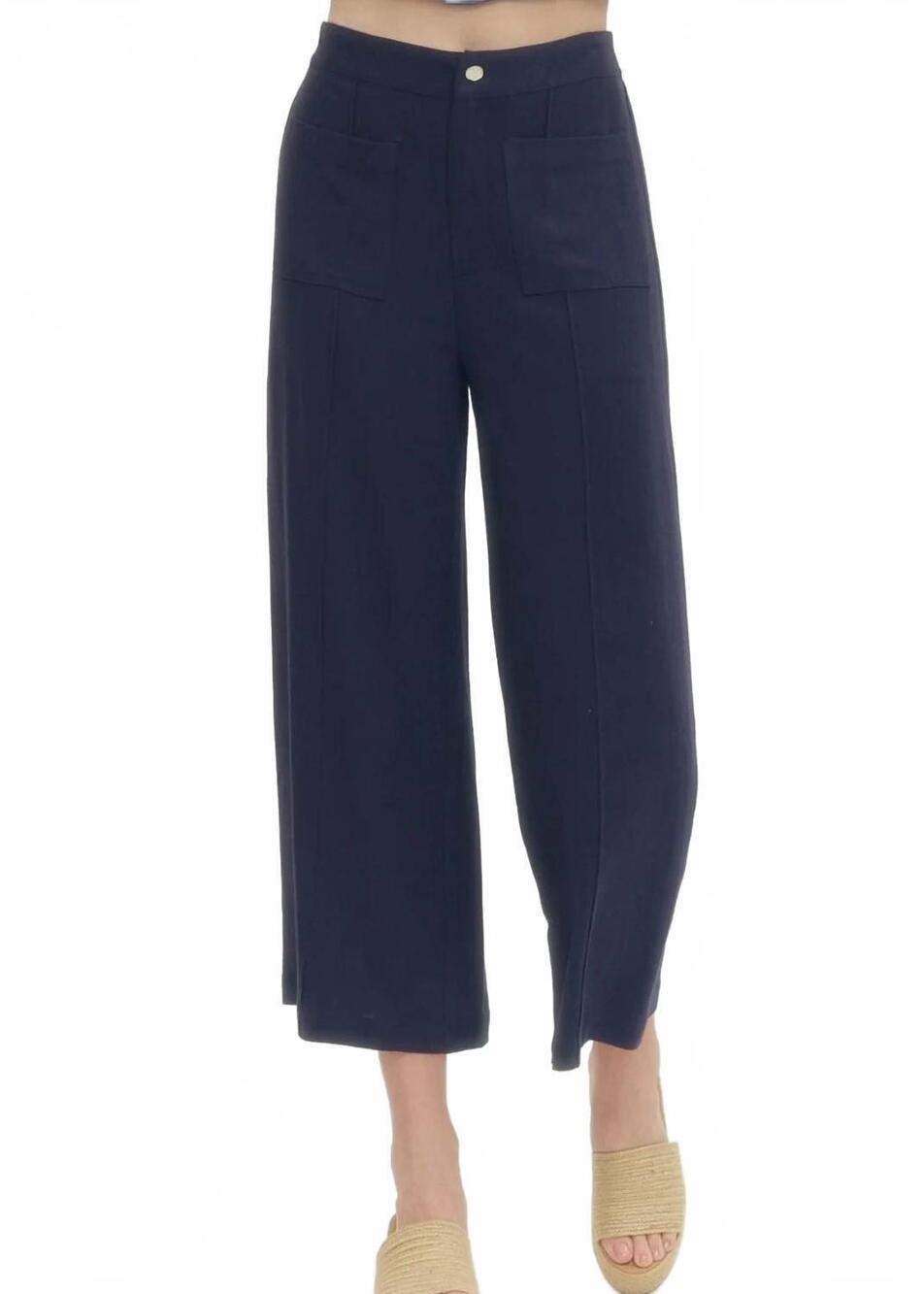 NEW ENTRO the harper wide leg linen blend cropped pants in navy blue